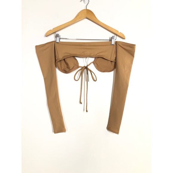 SKIMS Recycled Swim Top Long Sleeve Bikini Off Shoulder Ochre Tan NWT Size Small - Picture 3 of 9